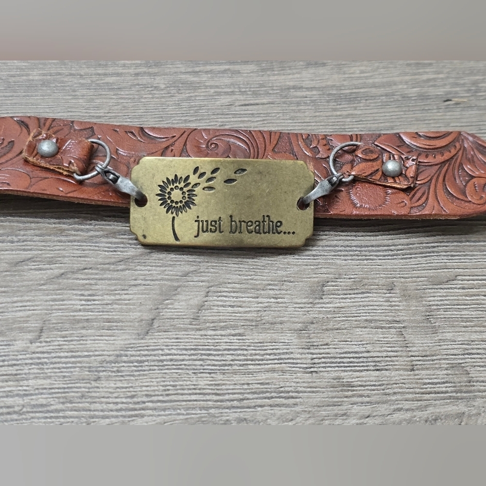 Tooled Leather Just Breathe Metal Tag Bracelet Boho Western Cowgirl Festival